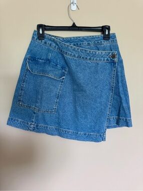 Francesca’s Blue Rain Asymmetrical Waist Denim Wrap Skirt